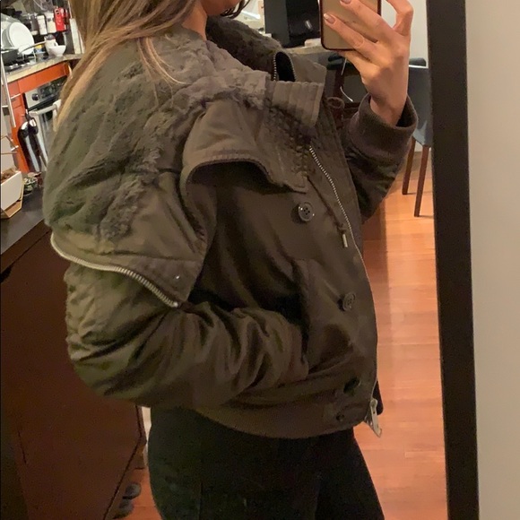 All Saints Green Jacket w Faux Sherpa Lined Hood - Picture 4 of 8